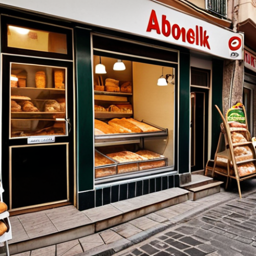 Home 23 ** A vibrant street scene in a Turkish neighborhood. Show a small, local bakery with a sign advertising "Abonelik" (Subscription). Customers are happily picking up fresh bread or pastries, emphasizing the convenience and community aspect. Focus on the warm, inviting atmosphere.
**