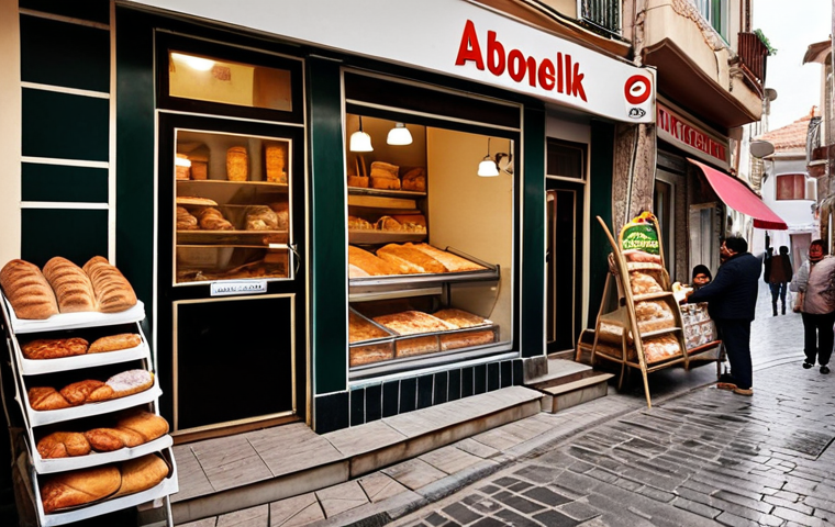 ** A vibrant street scene in a Turkish neighborhood. Show a small, local bakery with a sign advertising "Abonelik" (Subscription). Customers are happily picking up fresh bread or pastries, emphasizing the convenience and community aspect. Focus on the warm, inviting atmosphere.
**