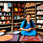 A vibrant digital marketplace showcasing various handcrafted goods from local Turkish artisans. The scene includes a potter displaying colorful ceramics, a baker offering traditional Turkish pastries, and a weaver presenting intricately designed carpets. The e-commerce platform interface is visible in the background, highlighting the seamless integration of local crafts with online sales. This scene should evoke a sense of community and the economic empowerment of local businesses through e-commerce in Turkey.