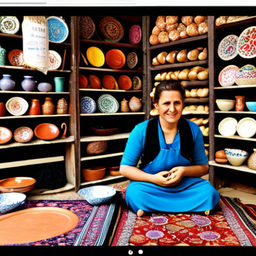 Home 22 A vibrant digital marketplace showcasing various handcrafted goods from local Turkish artisans. The scene includes a potter displaying colorful ceramics, a baker offering traditional Turkish pastries, and a weaver presenting intricately designed carpets. The e-commerce platform interface is visible in the background, highlighting the seamless integration of local crafts with online sales. This scene should evoke a sense of community and the economic empowerment of local businesses through e-commerce in Turkey.