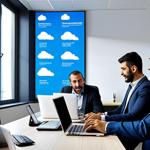 Home 21 **Cloud computing in a modern Turkish office:** A bright, airy office scene with Turkish professionals collaborating. Focus on the visual representation of flexibility and scalability offered by cloud technology. Laptops and tablets displaying cloud-based CRM software.