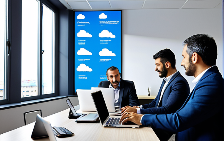 **Cloud computing in a modern Turkish office:** A bright, airy office scene with Turkish professionals collaborating. Focus on the visual representation of flexibility and scalability offered by cloud technology. Laptops and tablets displaying cloud-based CRM software.