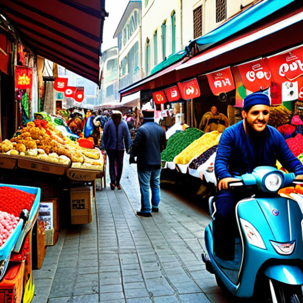 **

A bustling local marketplace scene, reimagined digitally. Show vendors with tablets taking orders, delivery scooters with recognizable Turkish logos, and customers happily using their smartphones to browse local products. Focus on the vibrant colors of Turkish textiles and fresh produce, with a QR code subtly visible, linking to a local e-commerce platform.

**