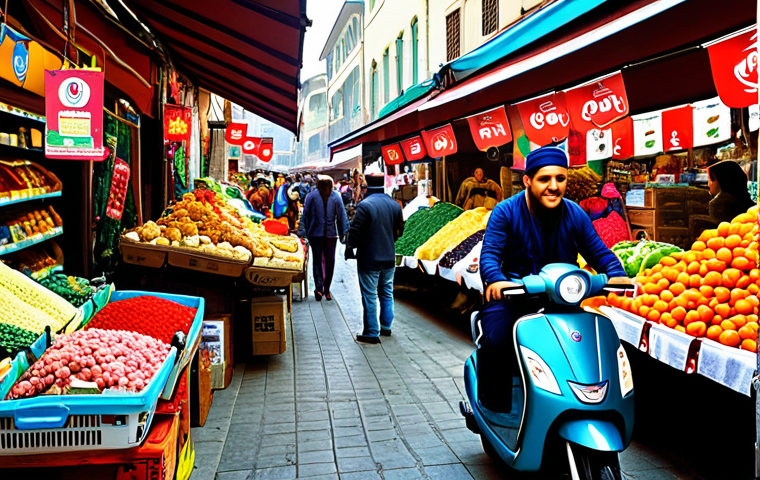 **
A bustling local marketplace scene, reimagined digitally. Show vendors with tablets taking orders, delivery scooters with recognizable Turkish logos, and customers happily using their smartphones to browse local products. Focus on the vibrant colors of Turkish textiles and fresh produce, with a QR code subtly visible, linking to a local e-commerce platform.
**