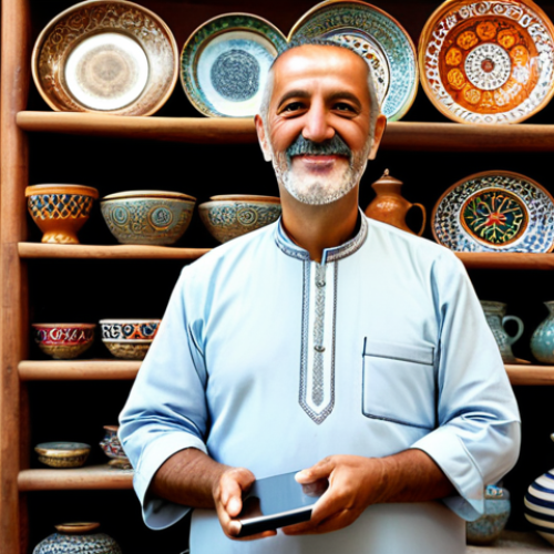 Home 9 A Turkish artisan, middle-aged, with a warm and welcoming expression, wearing a modest, traditional yet practical tunic and trousers, stands confidently inside a charming, authentic handcrafts shop. The shop is filled with intricately designed copperware, colorful woven textiles, and ceramic pottery, reflecting rich local heritage. The artisan holds a modern tablet, displaying beautifully arranged handmade products on a popular social media platform, with a soft, inviting studio light illuminating the scene. The background showcases blurred shelves brimming with traditional goods, emphasizing the fusion of ancient craftsmanship with modern digital commerce. This image highlights a local business embracing technology to reach a global audience. Perfect anatomy, correct proportions, natural pose, well-formed hands, proper finger count, natural body proportions, fully clothed, appropriate attire, professional dress, safe for work, appropriate content, family-friendly.