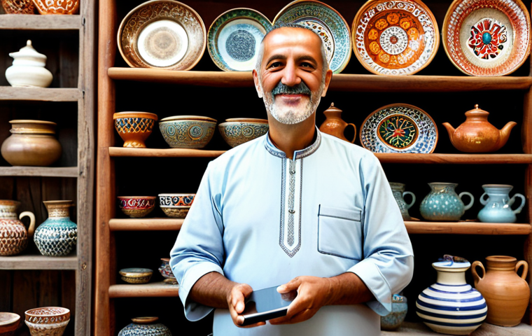 A Turkish artisan, middle-aged, with a warm and welcoming expression, wearing a modest, traditional yet practical tunic and trousers, stands confidently inside a charming, authentic handcrafts shop. The shop is filled with intricately designed copperware, colorful woven textiles, and ceramic pottery, reflecting rich local heritage. The artisan holds a modern tablet, displaying beautifully arranged handmade products on a popular social media platform, with a soft, inviting studio light illuminating the scene. The background showcases blurred shelves brimming with traditional goods, emphasizing the fusion of ancient craftsmanship with modern digital commerce. This image highlights a local business embracing technology to reach a global audience. Perfect anatomy, correct proportions, natural pose, well-formed hands, proper finger count, natural body proportions, fully clothed, appropriate attire, professional dress, safe for work, appropriate content, family-friendly.